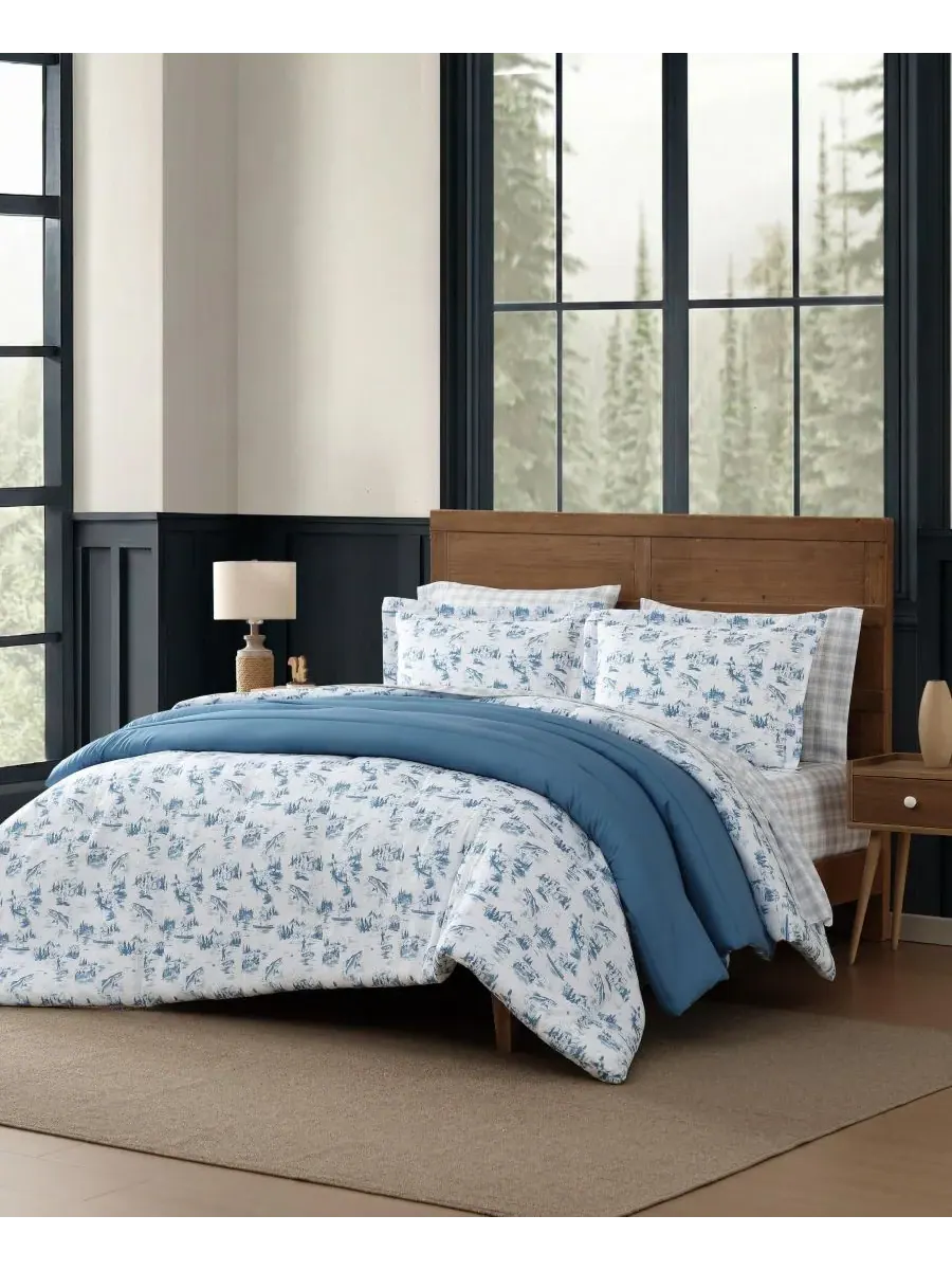 Комплект постельного белья Fish Town Toile, 3 предмета, двусторонний, размер King Eddie Bauer — изображение 2 из 8, синий