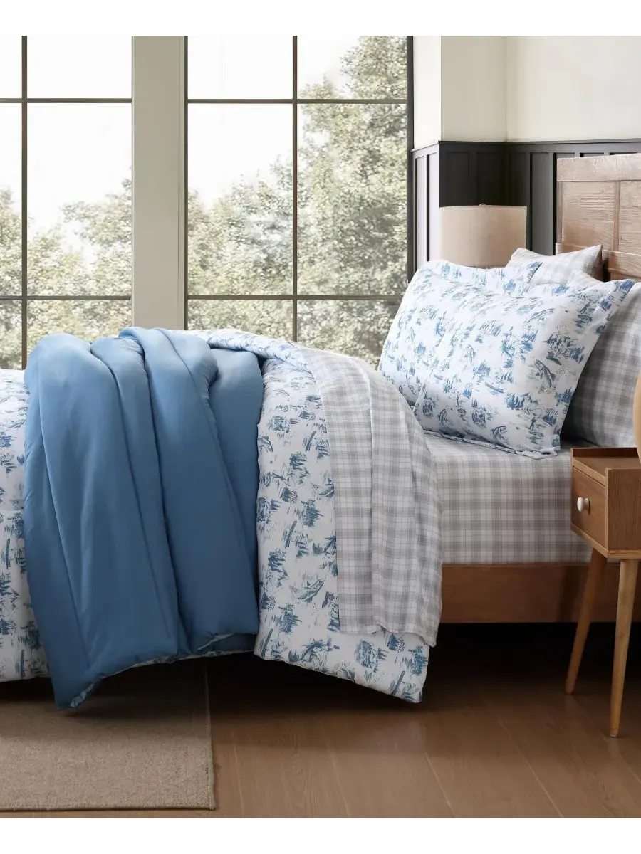Комплект постельного белья Fish Town Toile, 3 предмета, двусторонний, размер King Eddie Bauer — изображение 4 из 8, синий