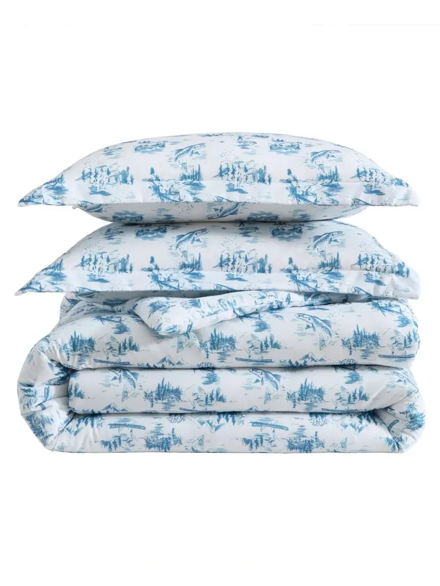 Комплект постельного белья Fish Town Toile, 3 предмета, двусторонний, размер King Eddie Bauer — изображение 7 из 8, синий