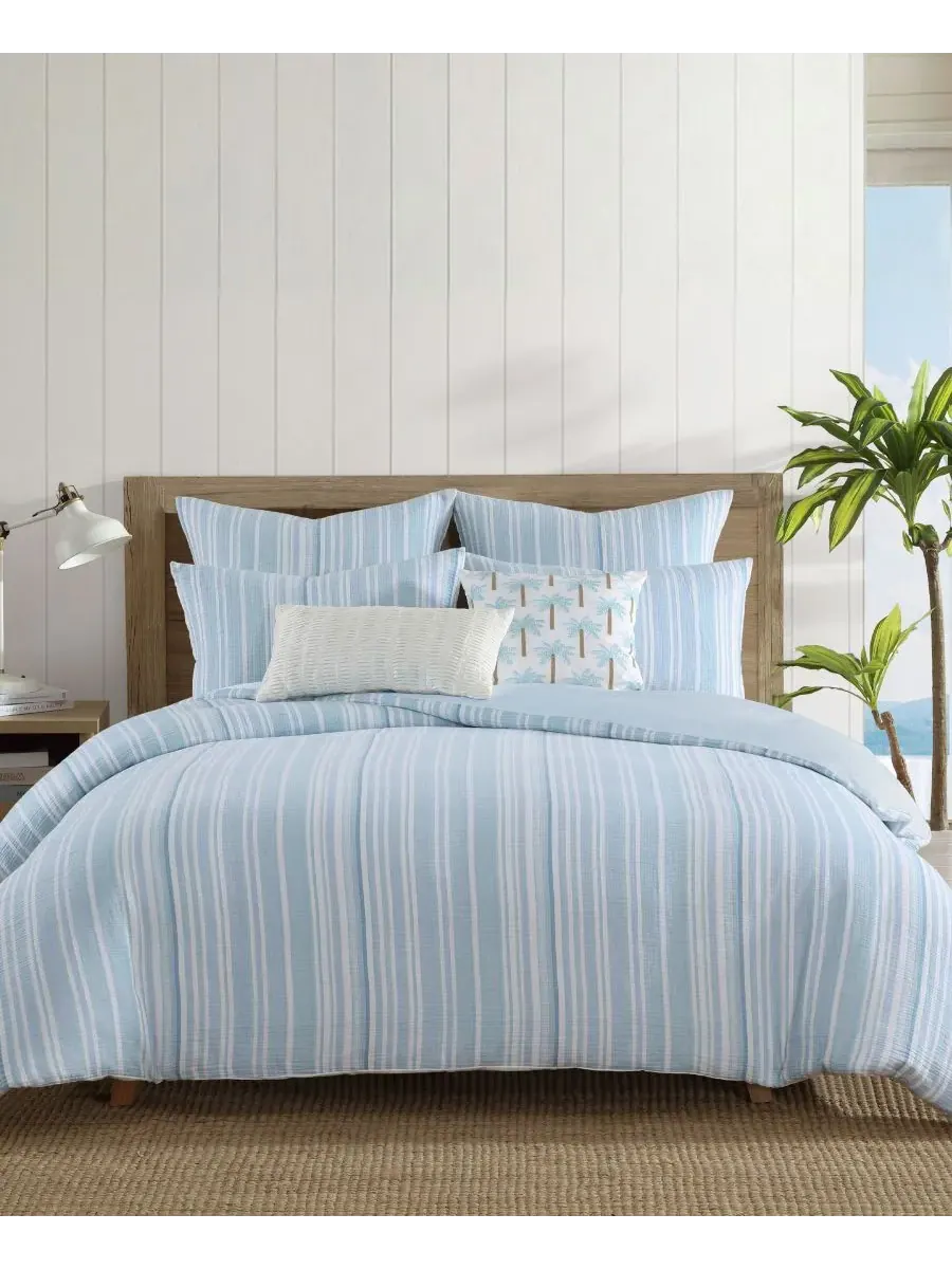 Комплект постельного белья Home Boracay Stripe Muslin Textured, 3 предмета, размер Queen Levtex — изображение 2 из 7, синий