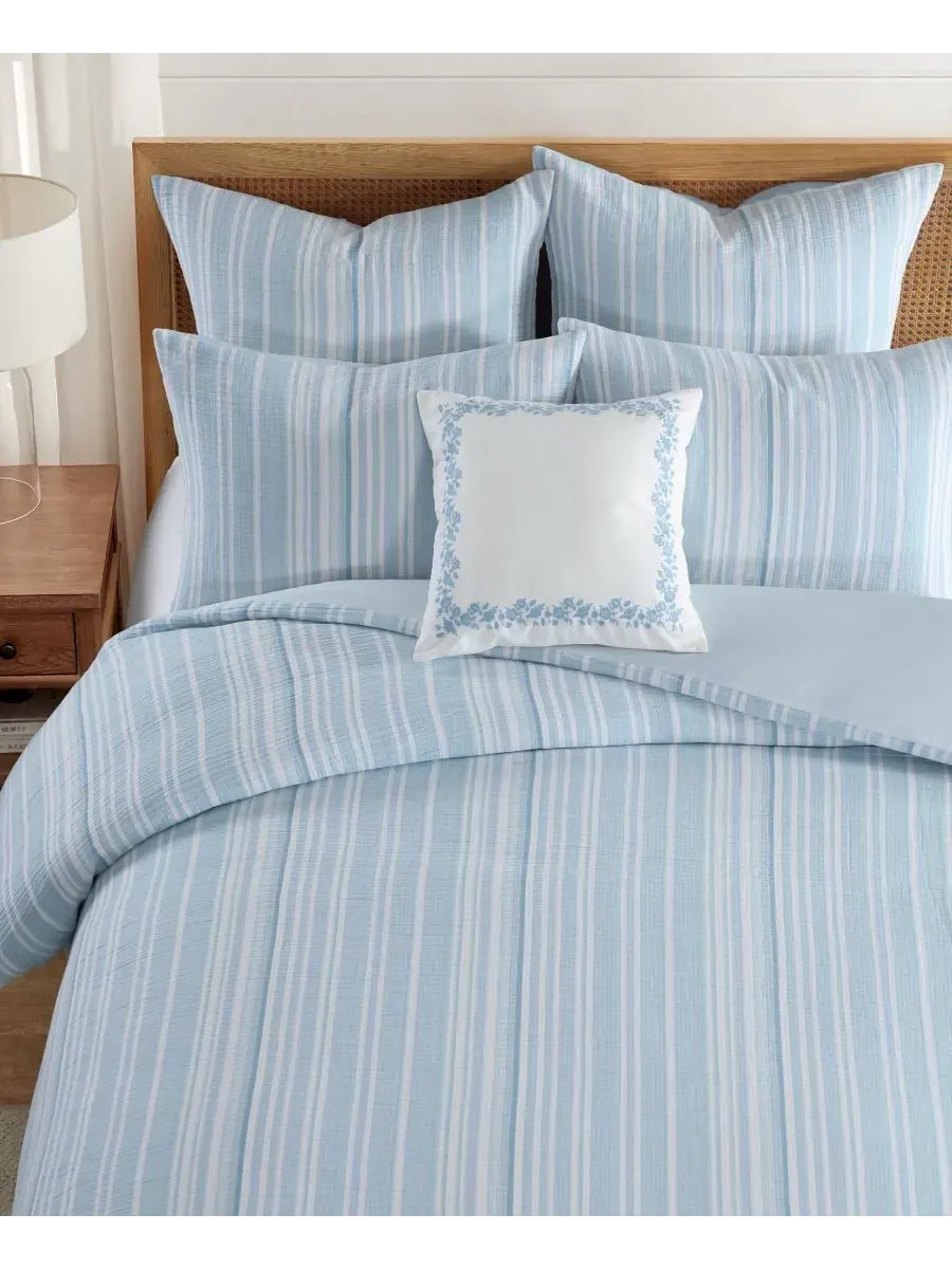 Комплект постельного белья Home Boracay Stripe Muslin Textured, 3 предмета, размер Queen Levtex — изображение 3 из 7, синий