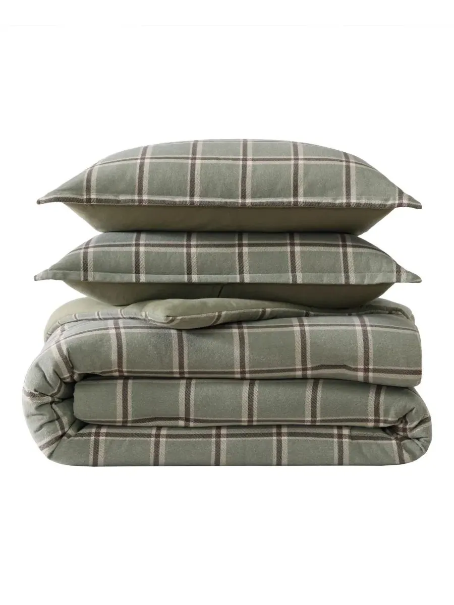 Комплект стеганого фланелевого одеяла Alpine Plaid Eddie Bauer — изображение 6 из 7, зеленый коричневый