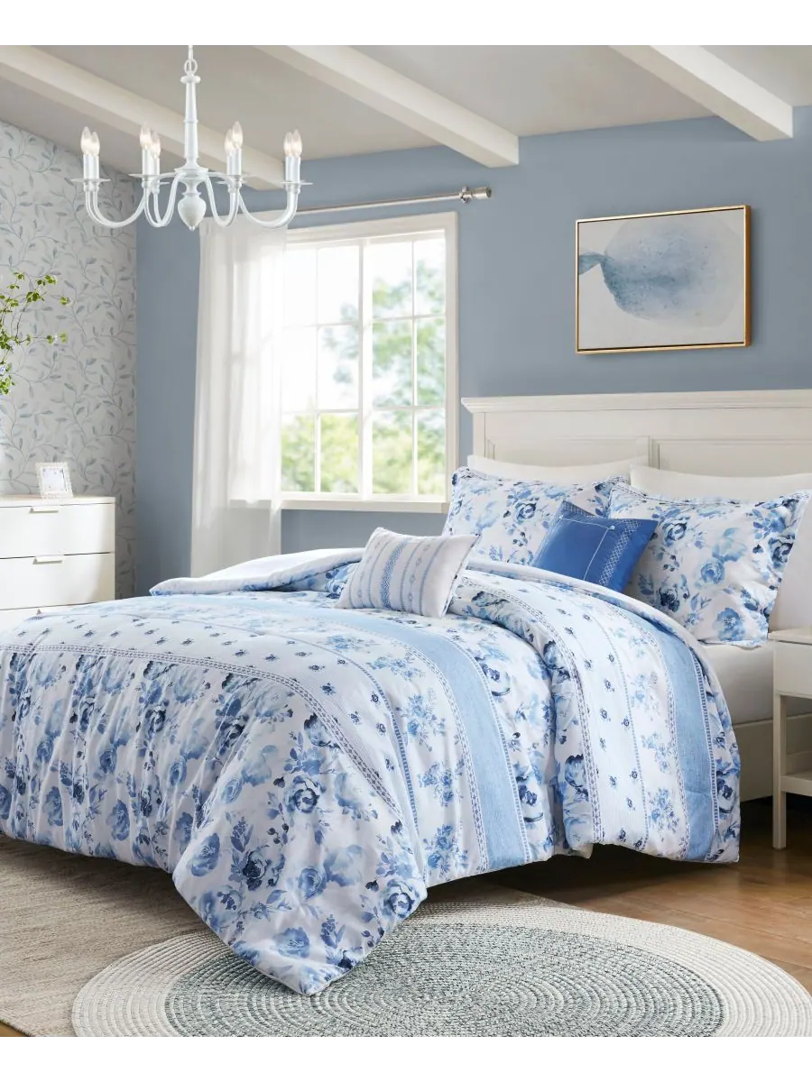 Комплект постельного белья Christa Floral Striped из 5 предметов, размер Full/Queen Intelligent — изображение 10 из 10, синий