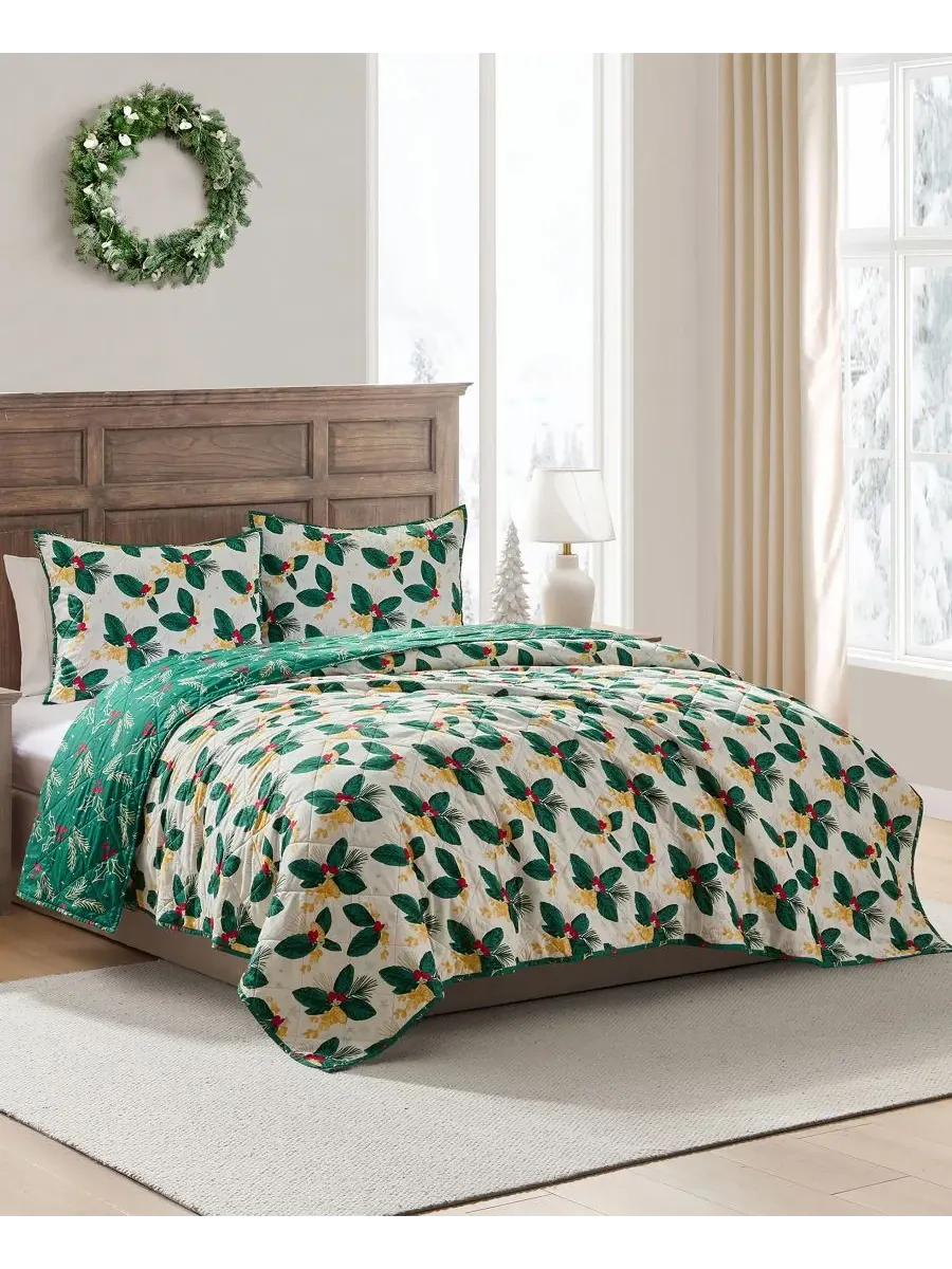 Комплект постельного белья «Праздничный пуансеттия» из 3 предметов Hallmark Bedding — изображение 2 из 4, зеленый