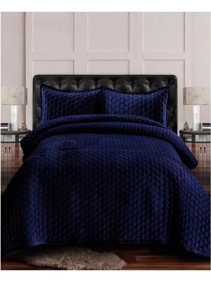 Lugano Honeycomb Velvet Большой однотонный комплект одеял Tribeca Living — изображение 1 из 2, темно-синий