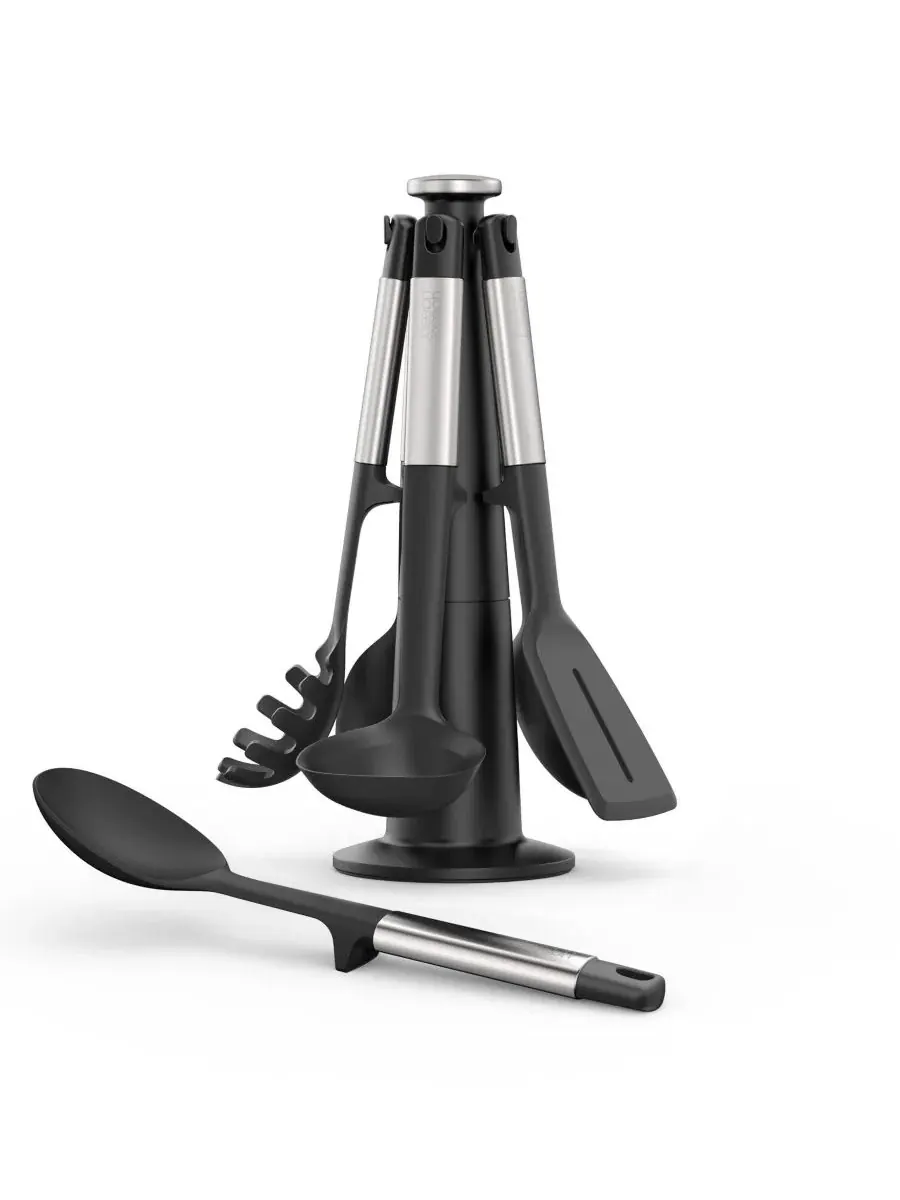 Набор кухонных принадлежностей Elevate Silicone Carousel из 5 предметов с вращающейся подставкой — черный