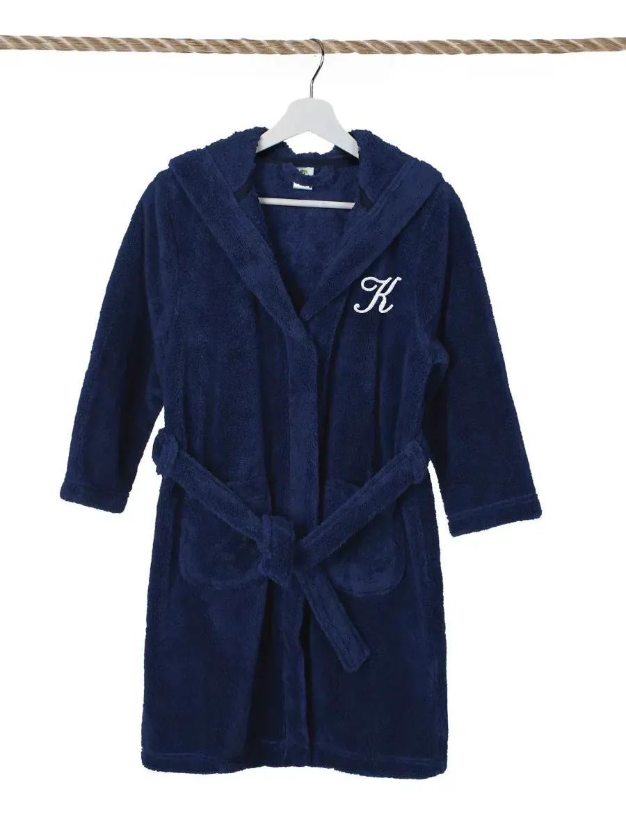 Махровый халат с капюшоном Personalized Kids Super Plush Hooded Bathrobe Linum Home — изображение 2 из 4, темно-синий/белый
