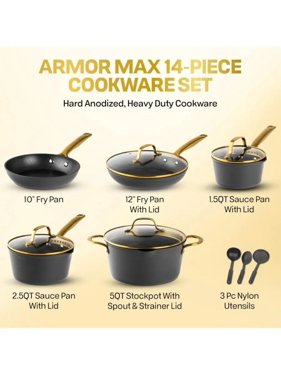 Набор посуды Armor Max Gold из 14 предметов с твердым анодированным покрытием и системой — изображение 4 из 7, черный