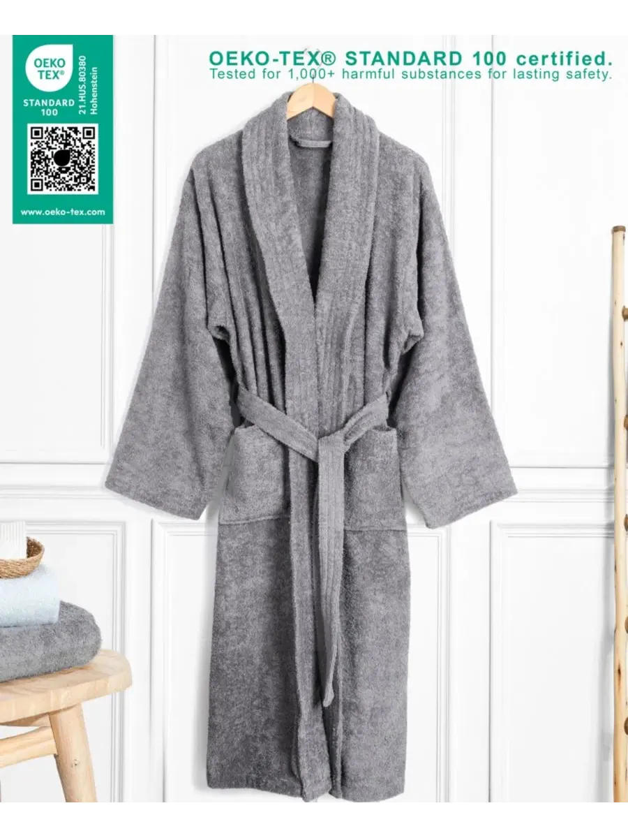 Халат махровый с шалевым воротником American Soft Linen — изображение 3 из 7, серый
