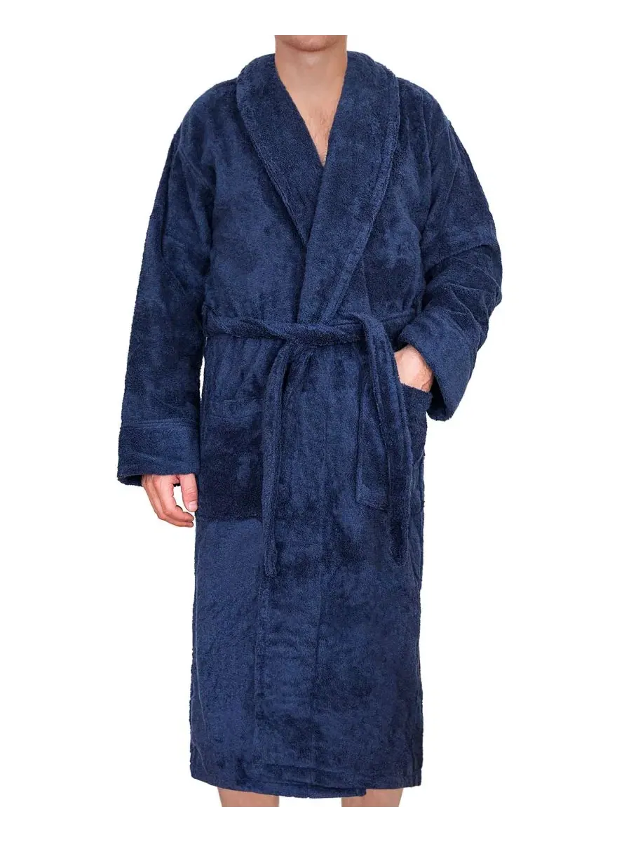 Халат махровый с шалевым воротником, 100% хлопок American Soft Linen — изображение 2 из 6, темно-синий