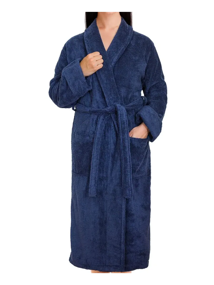 Халат махровый с шалевым воротником, 100% хлопок American Soft Linen — изображение 4 из 6, темно-синий