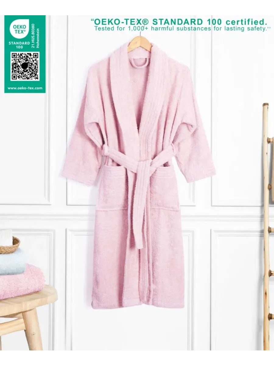 Хлопковый махровый халат с шалью-воротником и поясом American Soft Linen — изображение 3 из 4, розовый