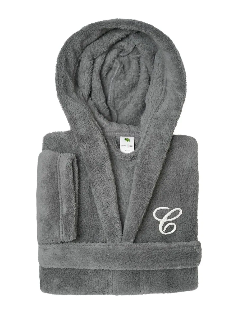 Детский халат махровый с капюшоном Personalized Kids Super Plush Hooded Bathrobe Linum Home — изображение 1 из 4, серый/белый