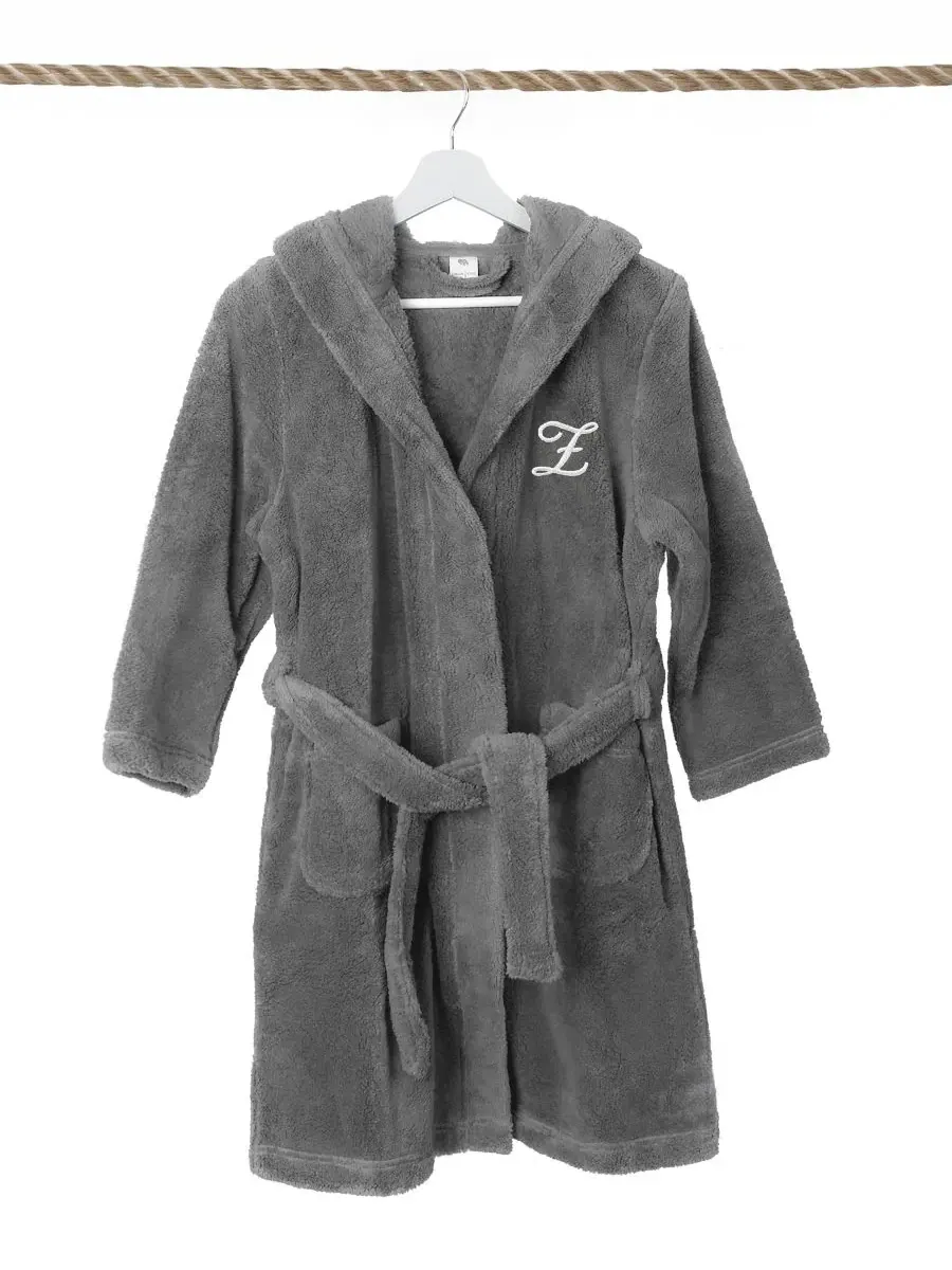Банный халат с капюшоном Personalized Kids Super Plush Hooded Bathrobe Linum Home — изображение 2 из 4, серый/белый
