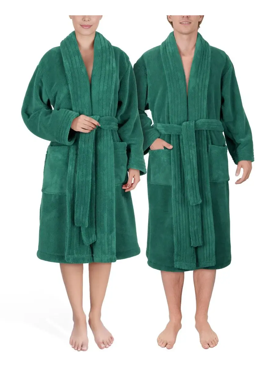 Махровый халат с шалевым воротником Unisex Luxury Hotel Spa Warm Shawl Collar Soft Plush Fleece — изображение 1 из 8, зеленый