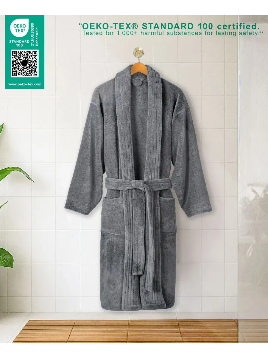 Халат махровый с шалевым воротником, 2XL American Soft Linen — изображение 4 из 8, темный серый