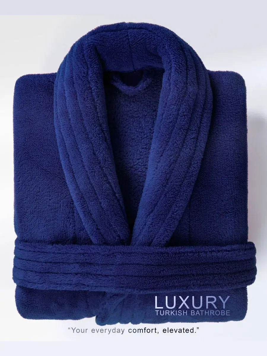 Халат махровый с шалевым воротником, флисовый, женский American Soft Linen — изображение 2 из 8, темно-синий