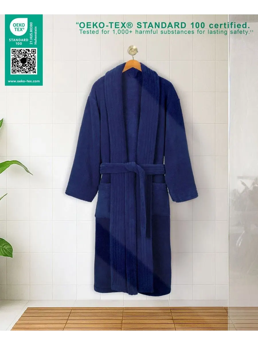 Халат махровый с шалевым воротником, флисовый, женский American Soft Linen — изображение 3 из 8, темно-синий