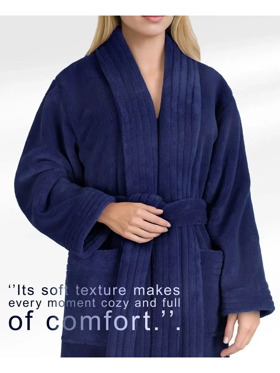 Халат махровый с шалевым воротником, флисовый, женский American Soft Linen — изображение 5 из 8, темно-синий