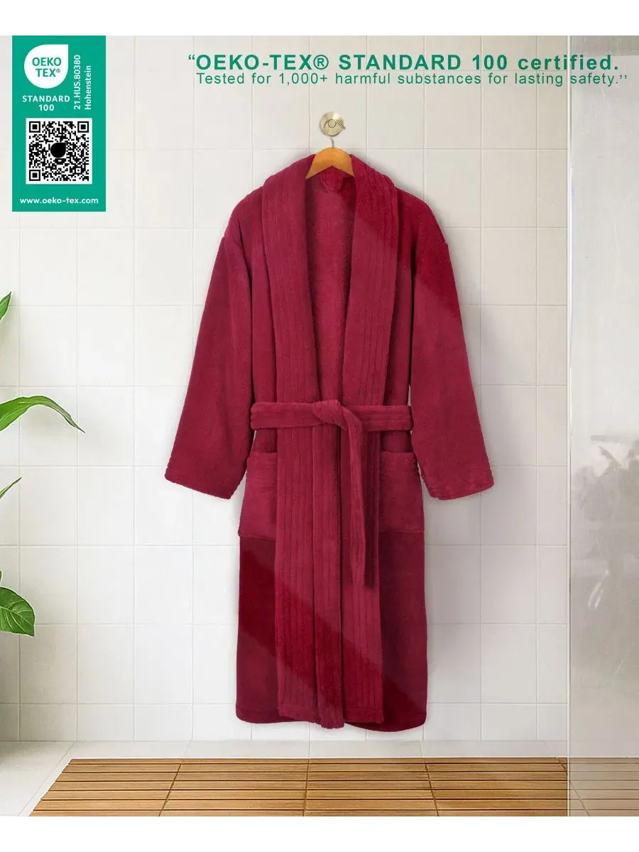 Махровый халат с шалевым воротником, на поясе, с карманами American Soft Linen — изображение 3 из 8, красный