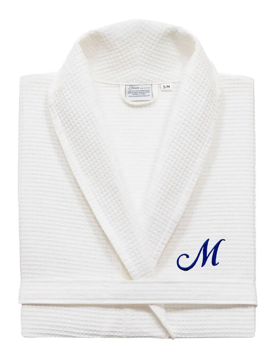 Халат махровый турецкий хлопковый с вышивкой Unisex Embroidered Turkish Cotton Waffle Weave — изображение 1 из 2, темно-синий