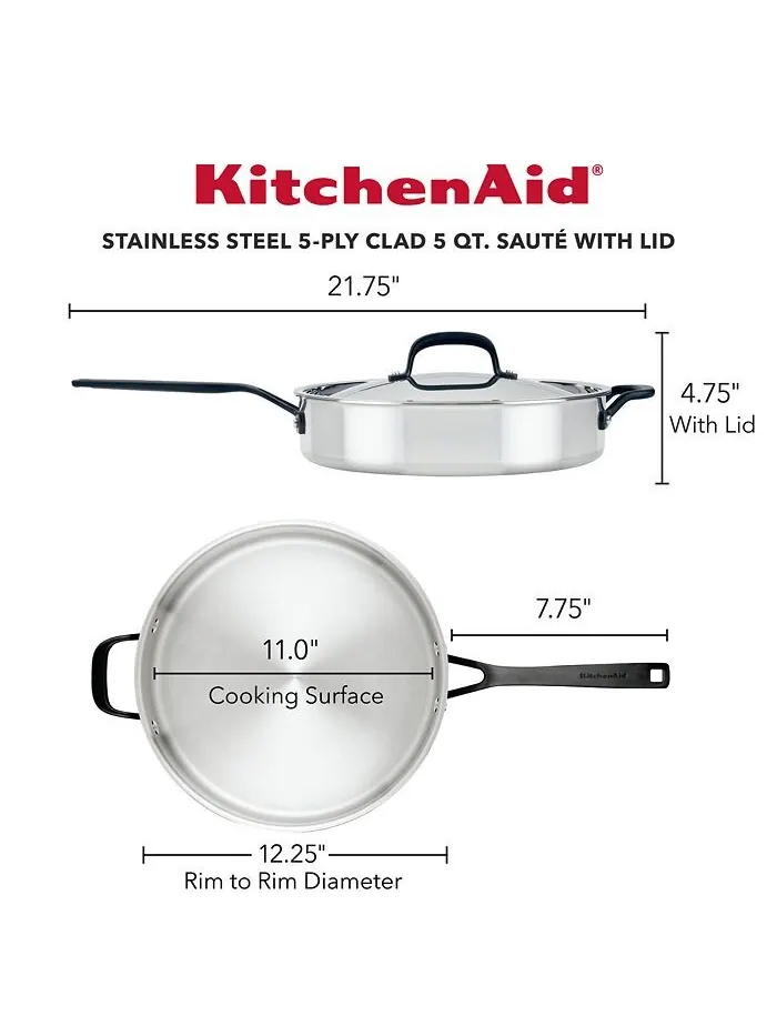 Сотейник с крышкой KitchenAid 5-Ply Clad Stainless Steel, 4.7 л/30 см, полированная сталь — изображение 5 из 8, серебряный