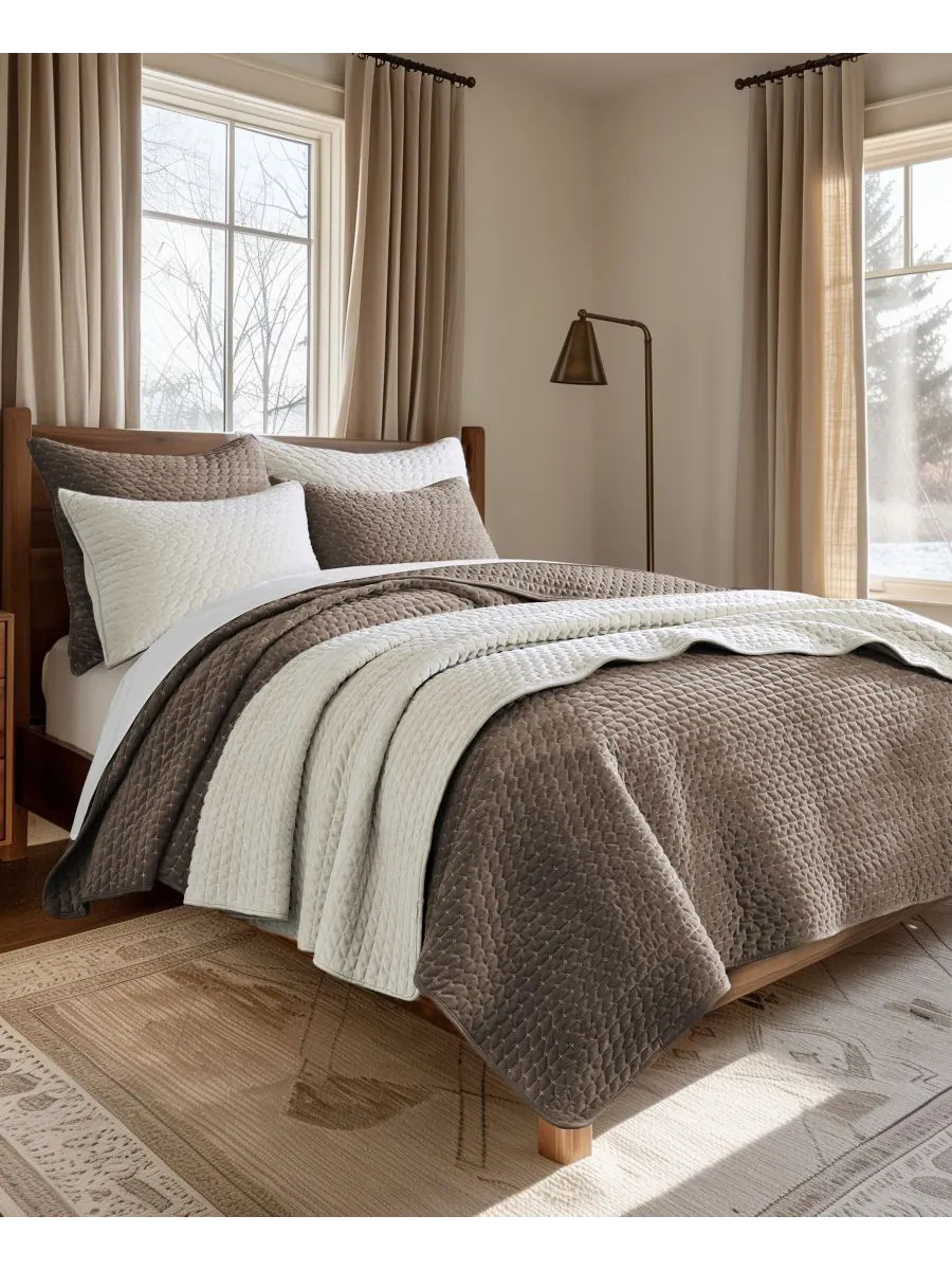 Двустороннее одеяло Velvet Stitch, 3 предмета, размер Full/Queen Levtex — изображение 2 из 5, кремовый