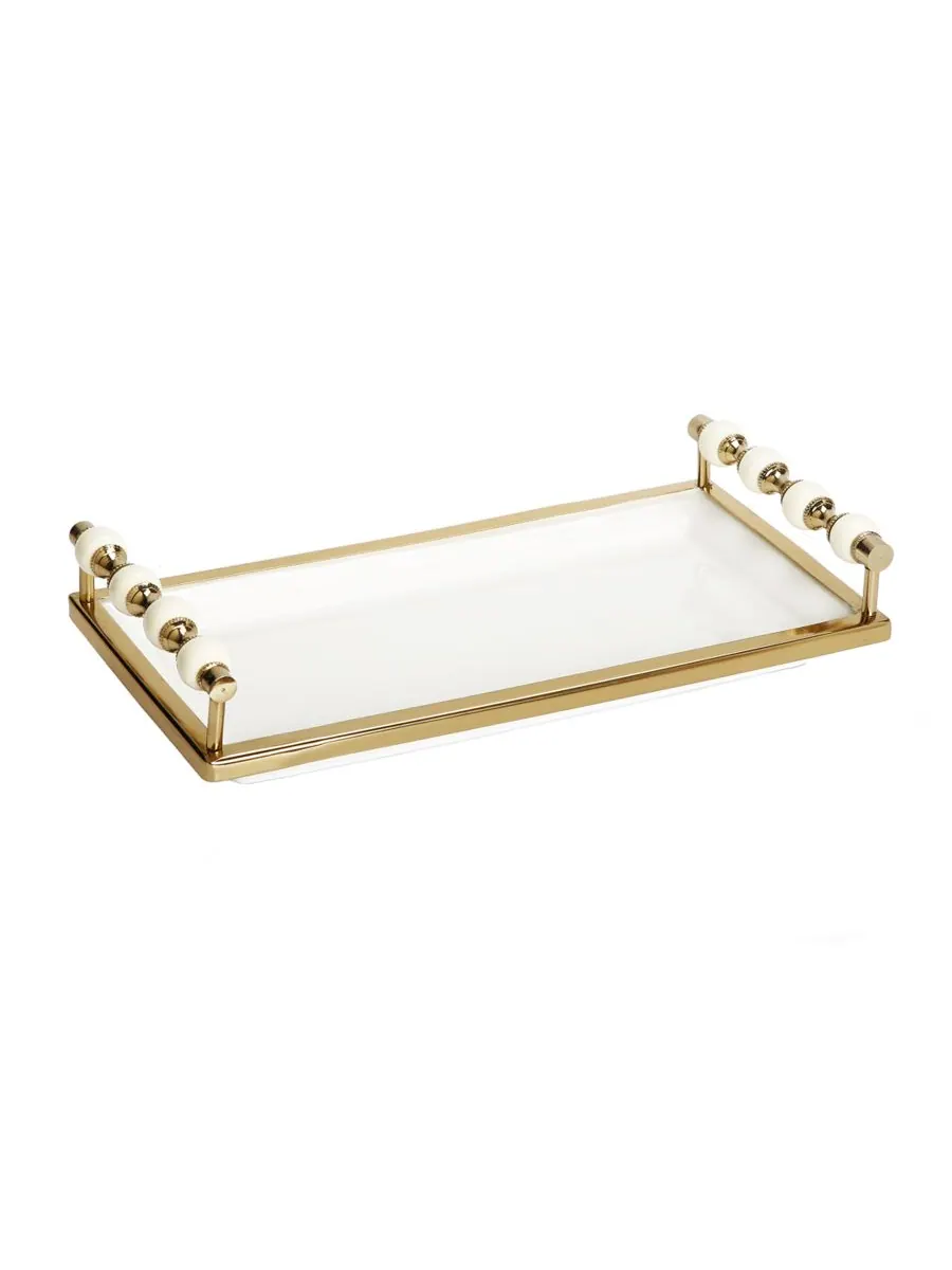 Прямоугольный поднос с ручками, украшенными бусинами, 14 x 7 дюймов Classic Touch — изображение 2 из 2, белый