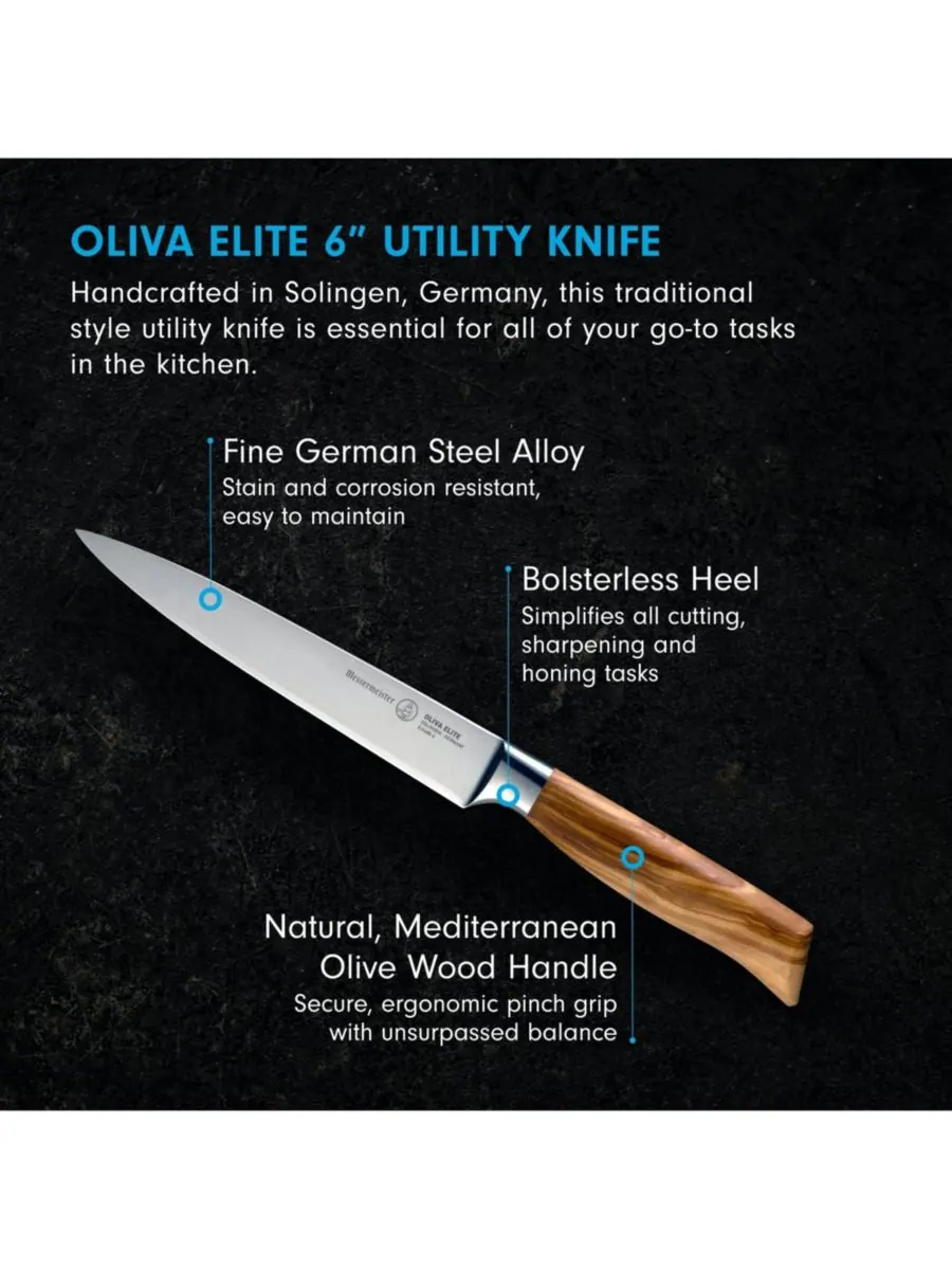 Универсальный нож Oliva Elite, 6 дюймов Messermeister — изображение 6 из 6, серебристый оливковый