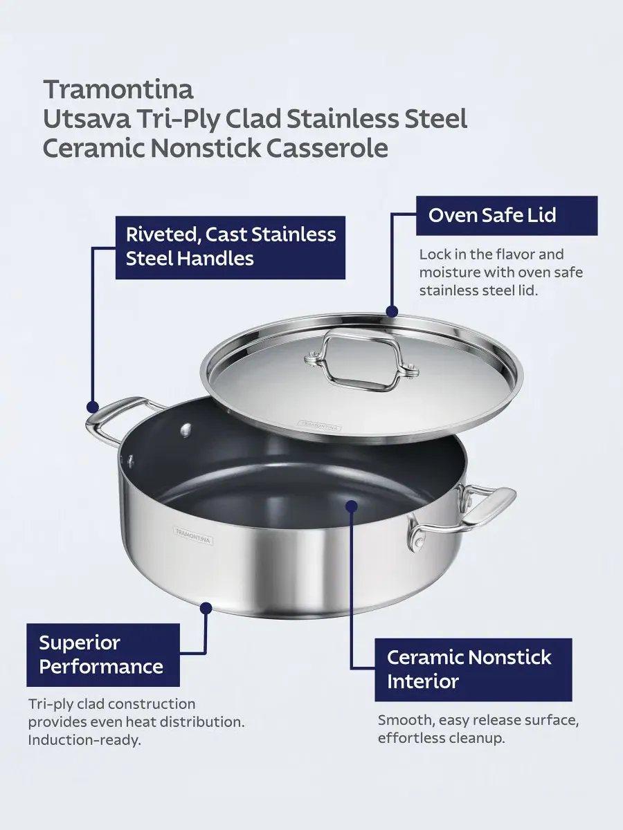 Жаропрочная кастрюля с крышкой Utsava Tri-Ply Clad Stainless Steel, 6.1 л Tramontina — изображение 5 из 11, серебряный