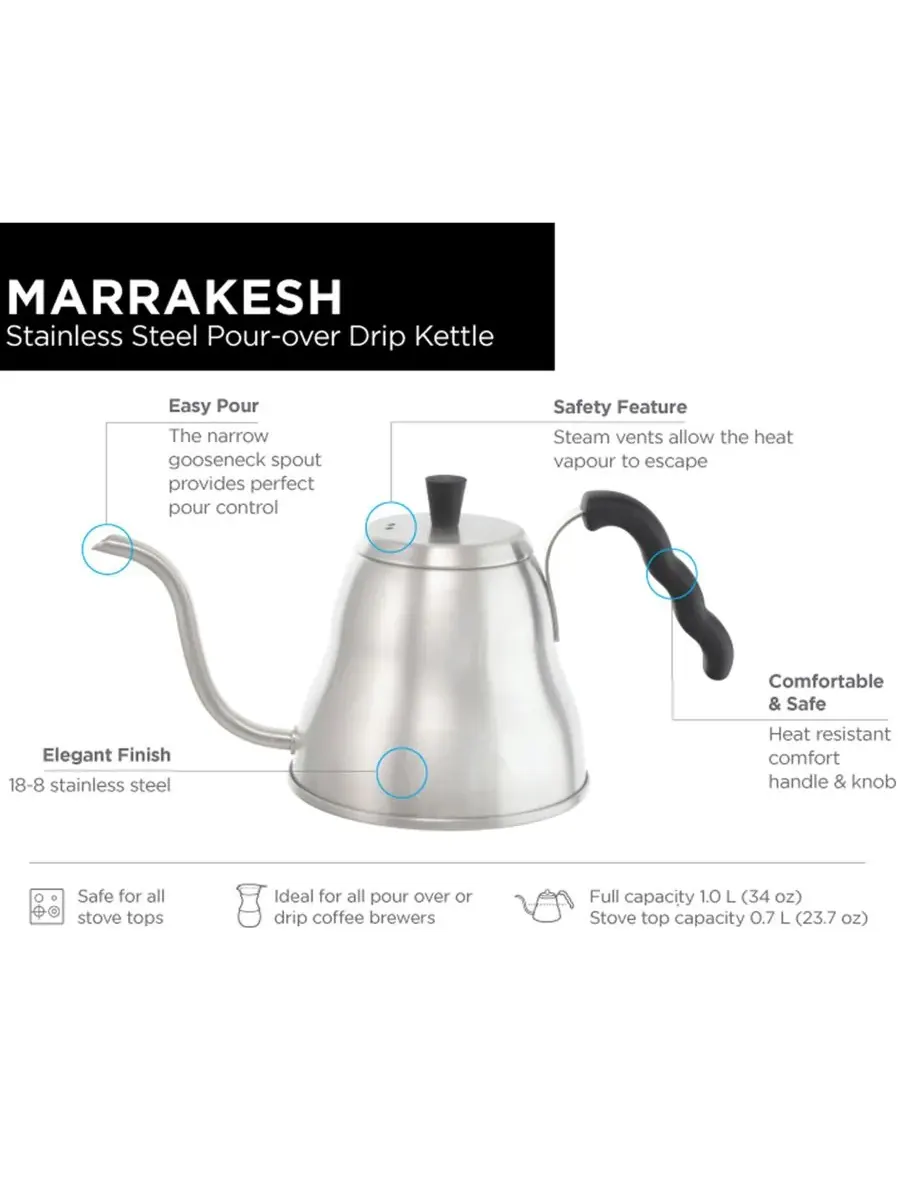 Чайник-капельница Marrakesh из нержавеющей стали с изогнутым носиком, объем 34 жидких унции Grosche — изображение 3 из 6