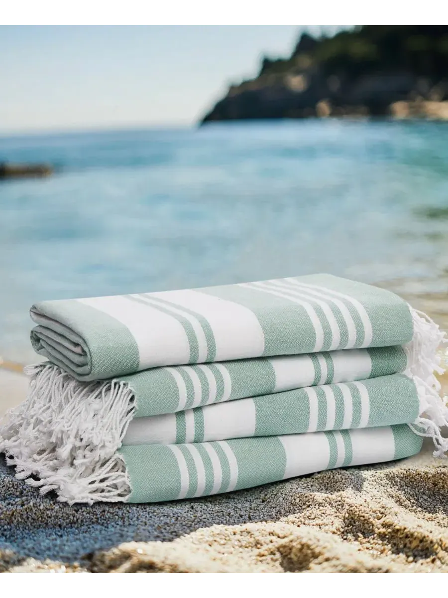 Набор из 4 пляжных полотенец Oceanfront Resort Cotton Salty Stripe Sand-Free Turkish — изображение 3 из 5, зеленый