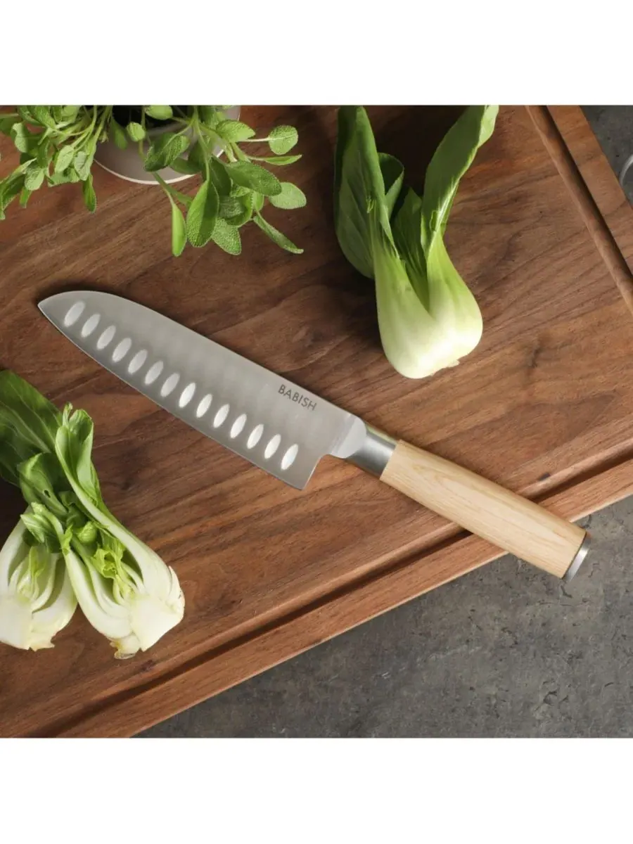 17 см кухонный нож Santoku из высокоуглеродистой немецкой стали 1.4116, цельнометаллическая — изображение 5 из 6, коричневый
