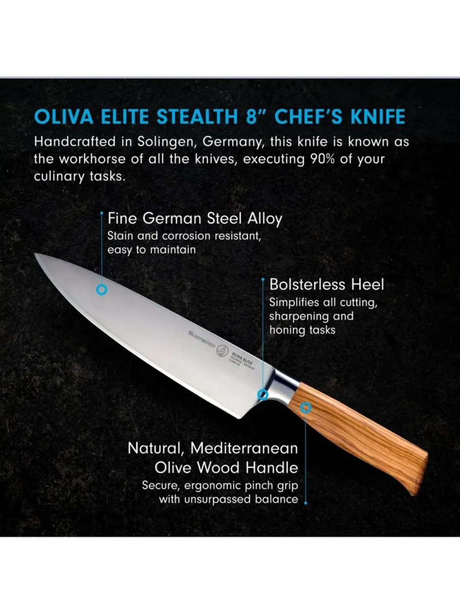 Поварской нож Oliva Elite Stealth, 8 дюймов Messermeister — изображение 4 из 6, серебристый оливковый