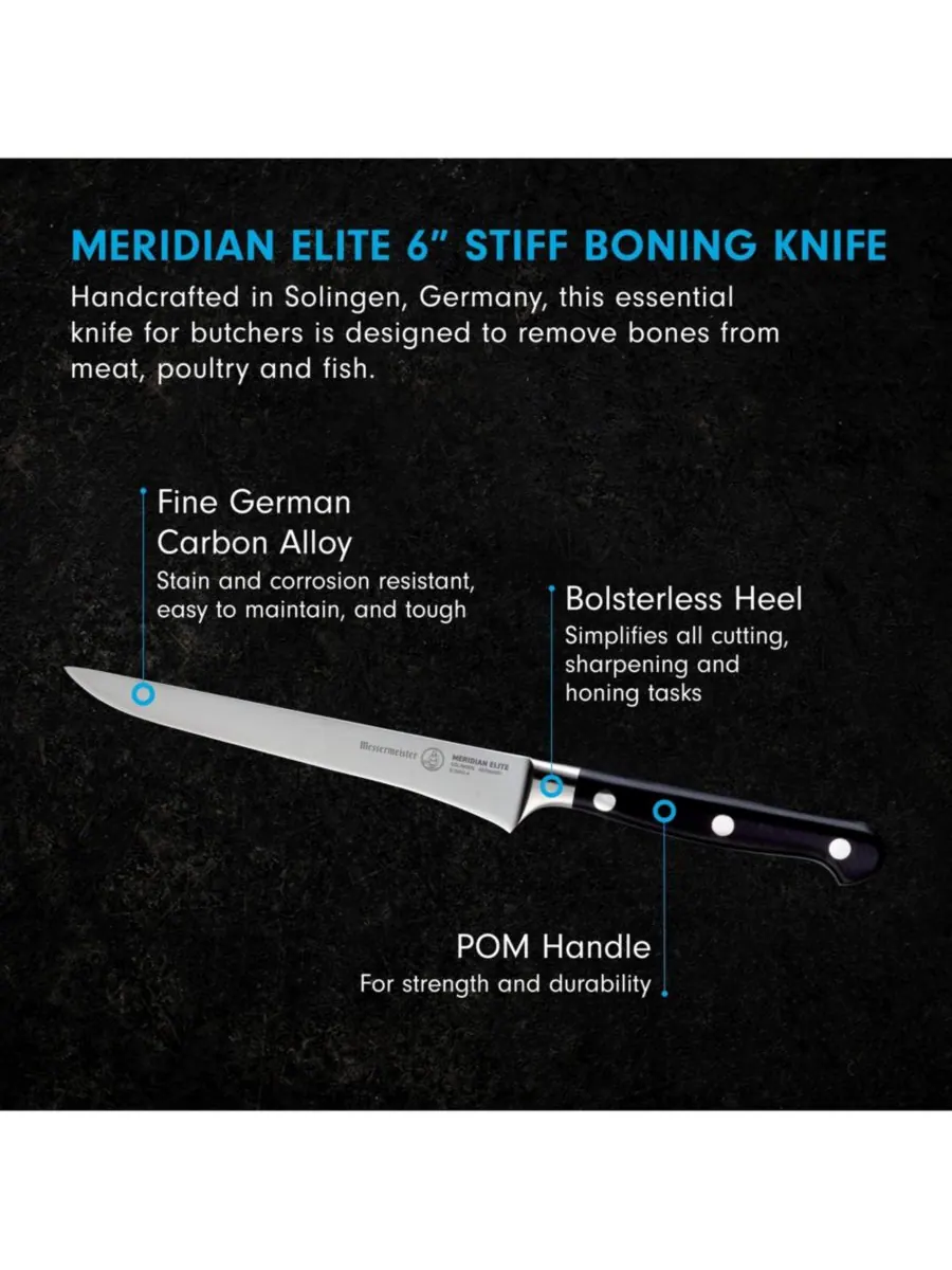 Разделочный нож Meridian Elite, жесткий, 6 дюймов Messermeister — изображение 3 из 6, серебристый черный