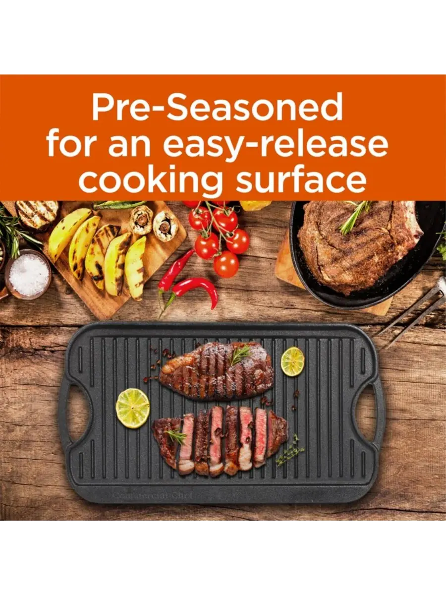Предварительно обработанная чугунная двусторонняя решетка для гриля Commercial Chef — изображение 6 из 6, черный