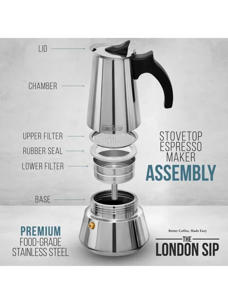 Кофеварка эспрессо из нержавеющей стали на 10 чашек London Sip — изображение 2 из 6, серебряный