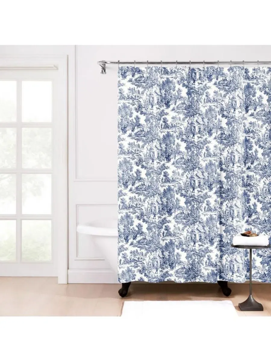 Шторка для ванной из хлопка с принтом Victoria Park Toile Ellis Curtain — синий