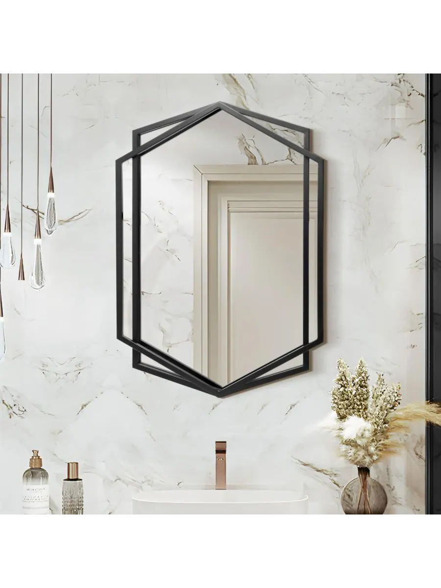 LuxenHome Настенное зеркало в шестиугольной металлической раме, черное, 32 дюйма. Настенное зеркало — изображение 6 из 10