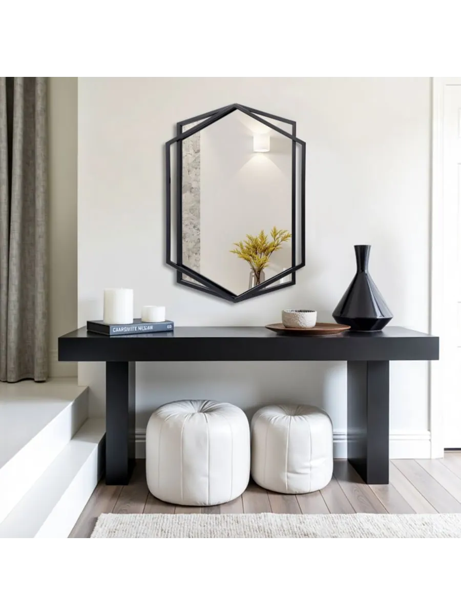 LuxenHome Настенное зеркало в шестиугольной металлической раме, черное, 32 дюйма. Настенное зеркало — изображение 7 из 10