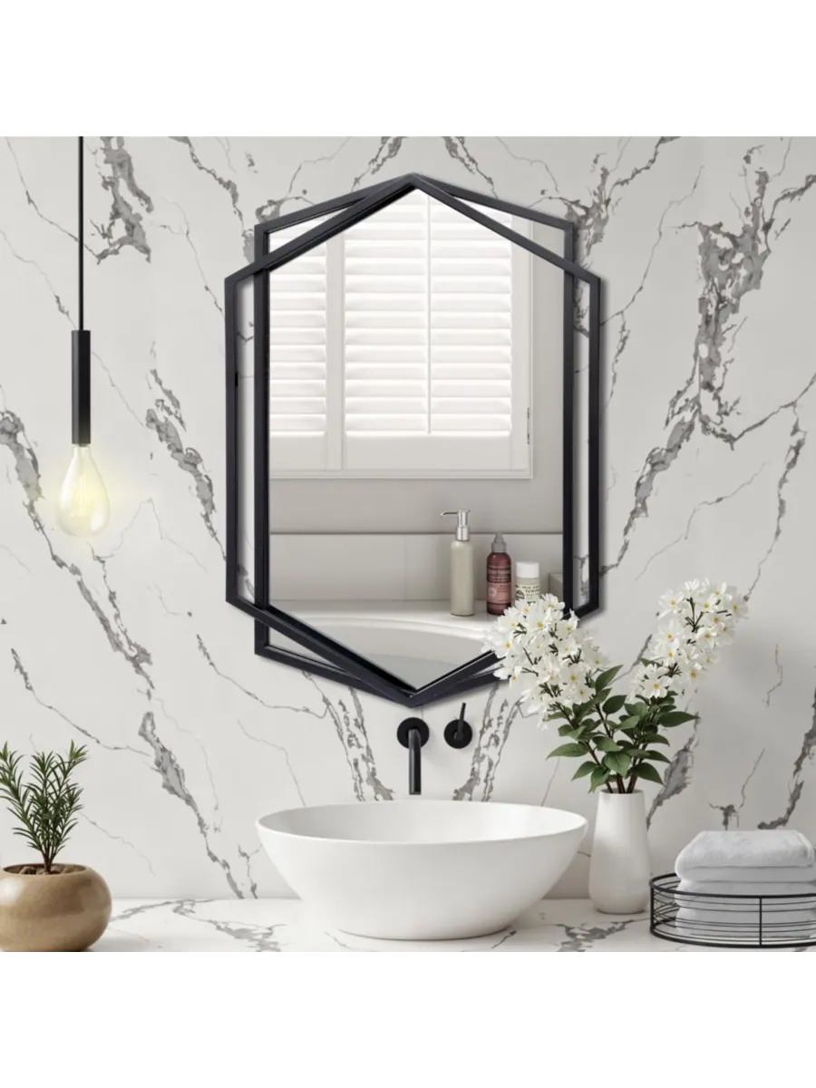 LuxenHome Настенное зеркало в шестиугольной металлической раме, черное, 32 дюйма. Настенное зеркало — изображение 10 из 10