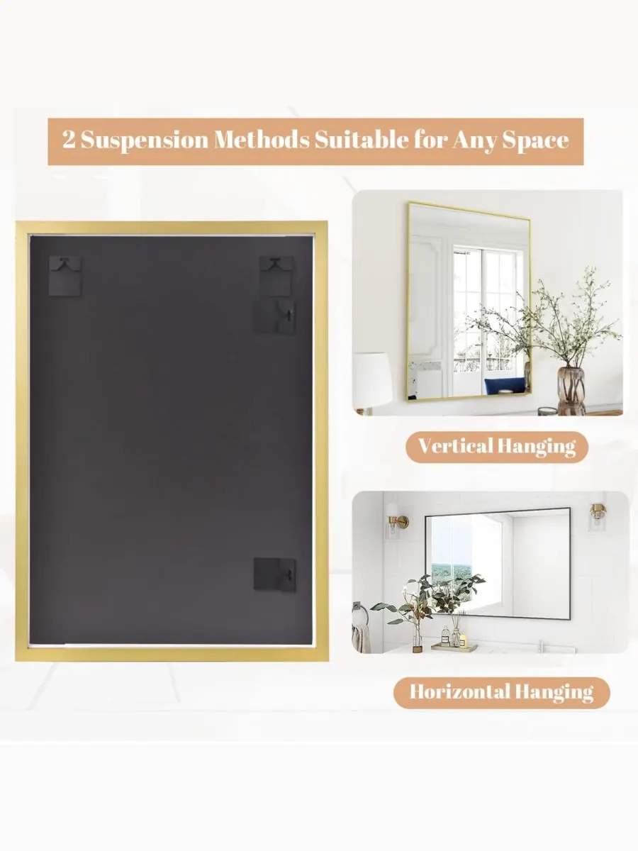 HOMLUX Прямоугольное настенное зеркало 24"x36" в раме из золотистого алюминиевого сплава — изображение 4 из 6, золото