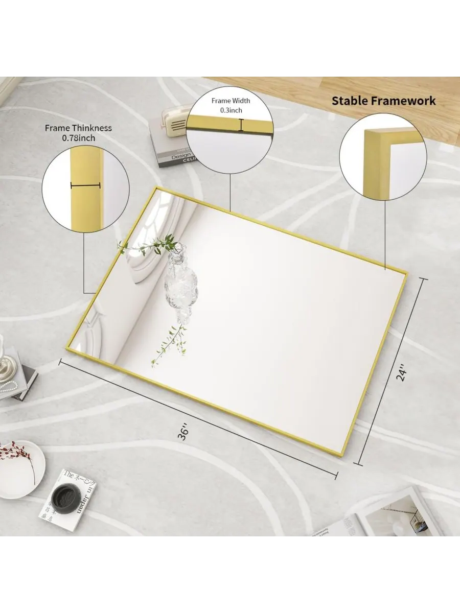 HOMLUX Прямоугольное настенное зеркало 24"x36" в раме из золотистого алюминиевого сплава — изображение 6 из 6, золото