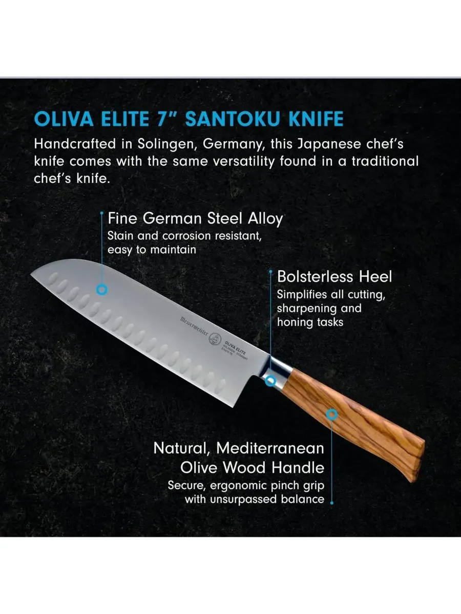 Нож Oliva Elite Kullenschliff Santoku / 18 см Messermeister — изображение 3 из 6, серебристый