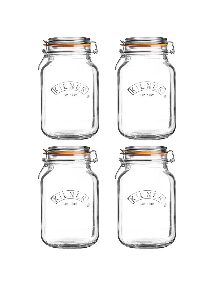 Набор из 4 квадратных банок с защелкивающейся крышкой, 1,5 л (1 л) Kilner — прозрачный