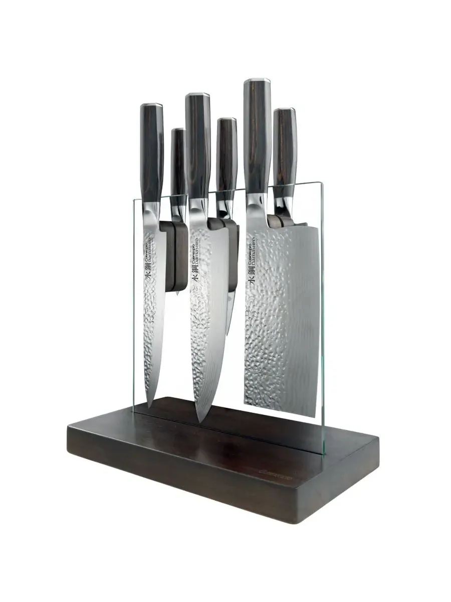 Набор из 7 ножей Damashiro Emperor Hikari Steel с подставкой из стали Cuisine::Pro, серебро/дерево