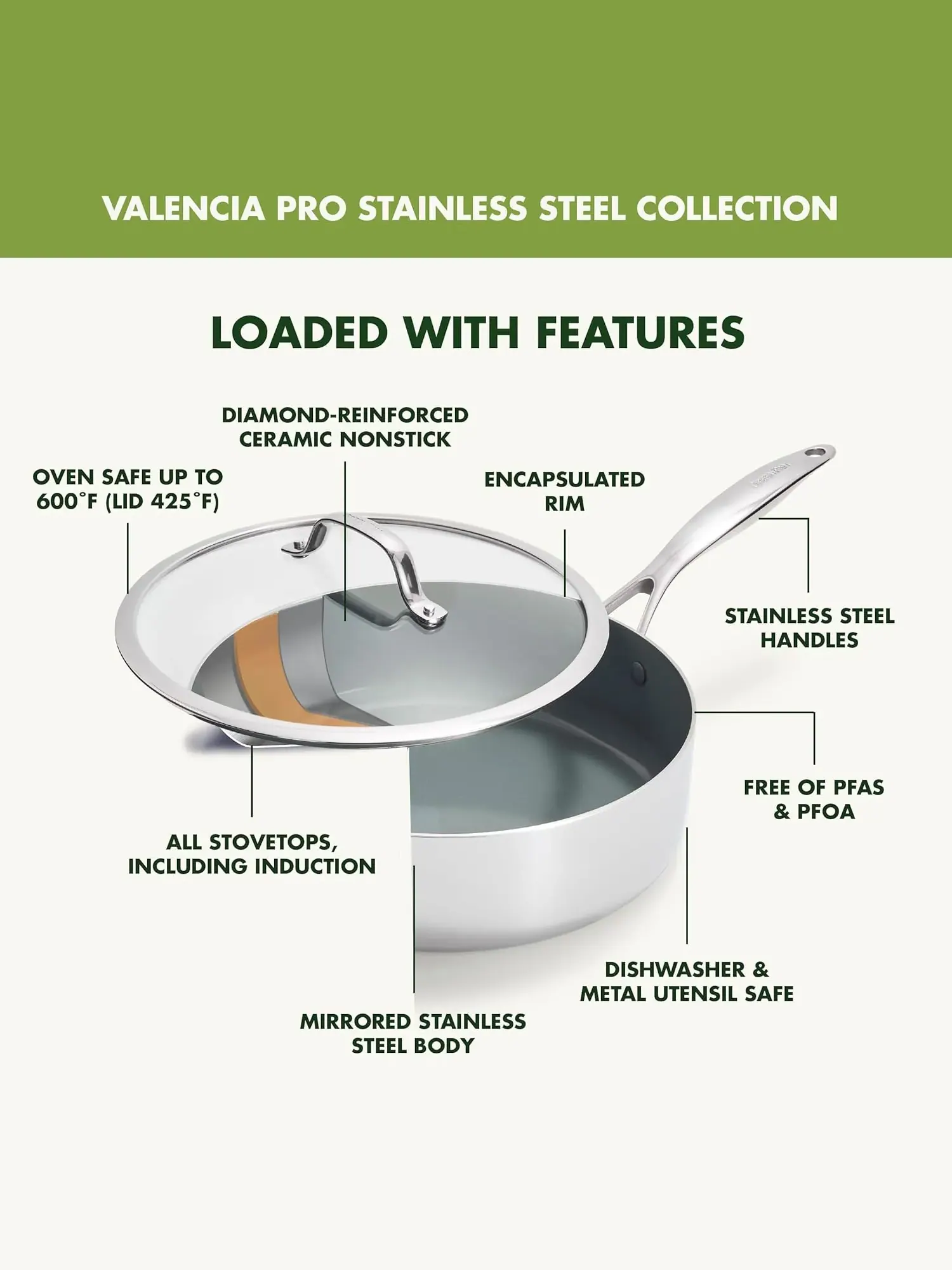 Сотейник с крышкой GreenPan Valencia Pro Ceramic, 28 см — изображение 3 из 9, серебристый