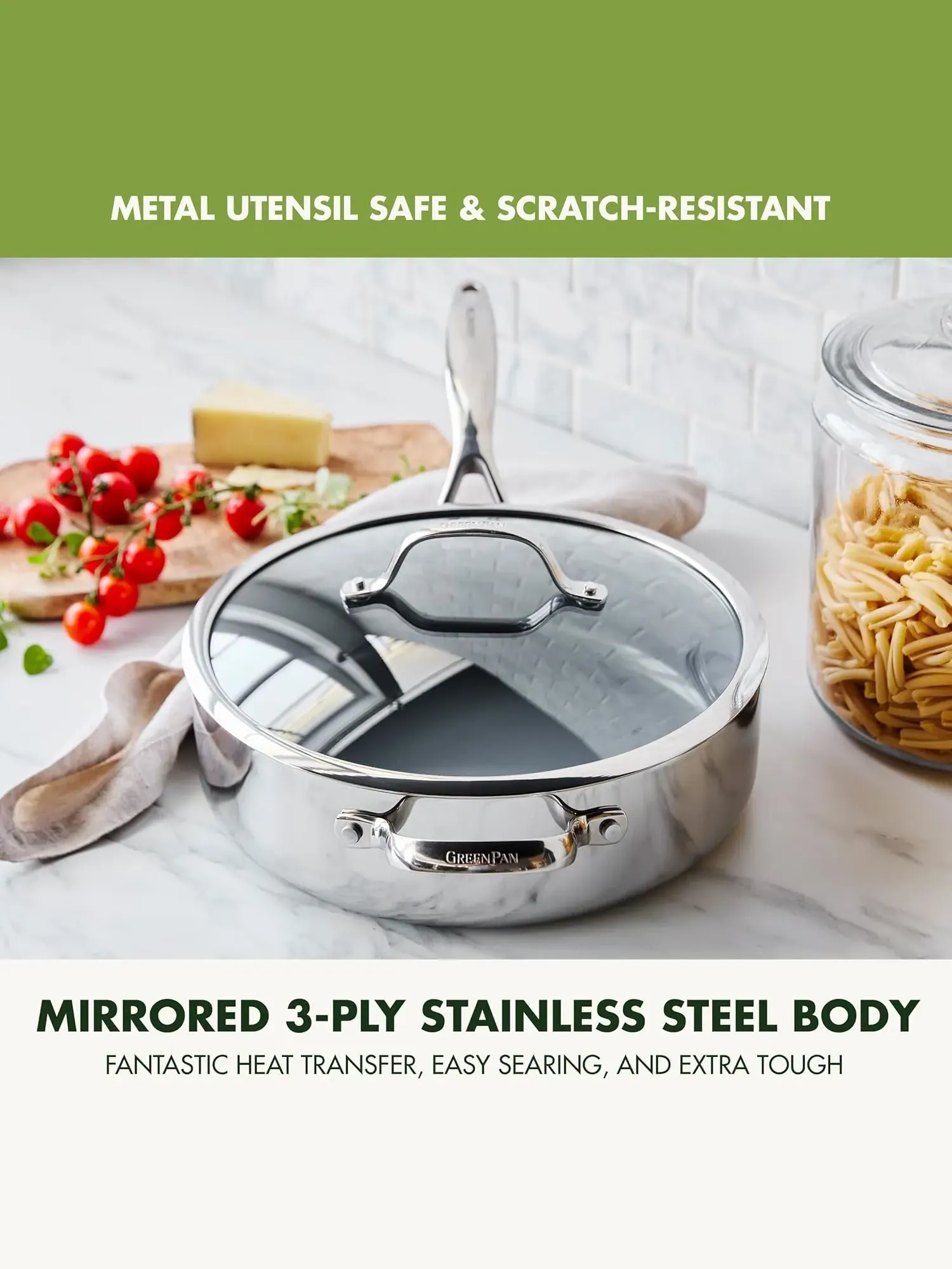 Сотейник с крышкой GreenPan Valencia Pro Ceramic, 28 см — изображение 4 из 9, серебристый