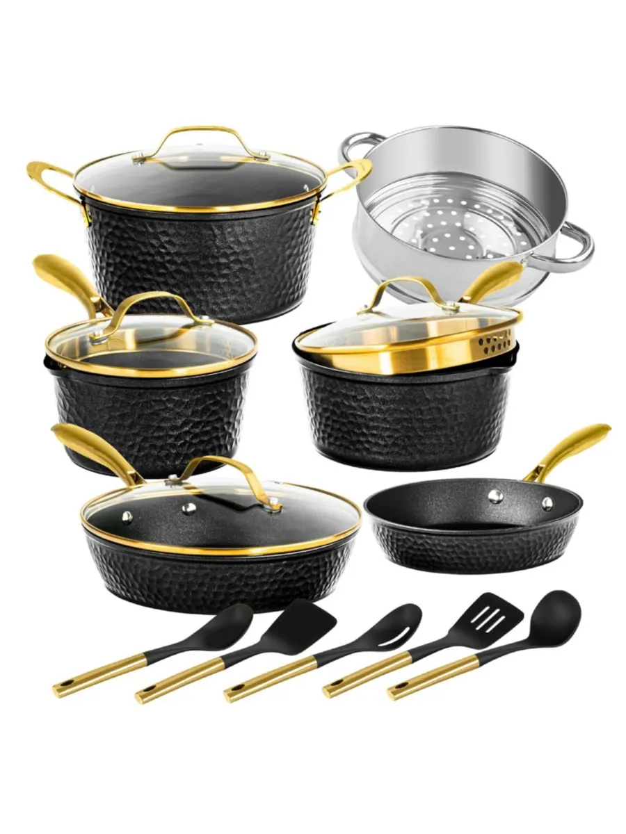 Набор посуды Charleston Collection из 15 предметов с антипригарным покрытием из кованой керамики — черный