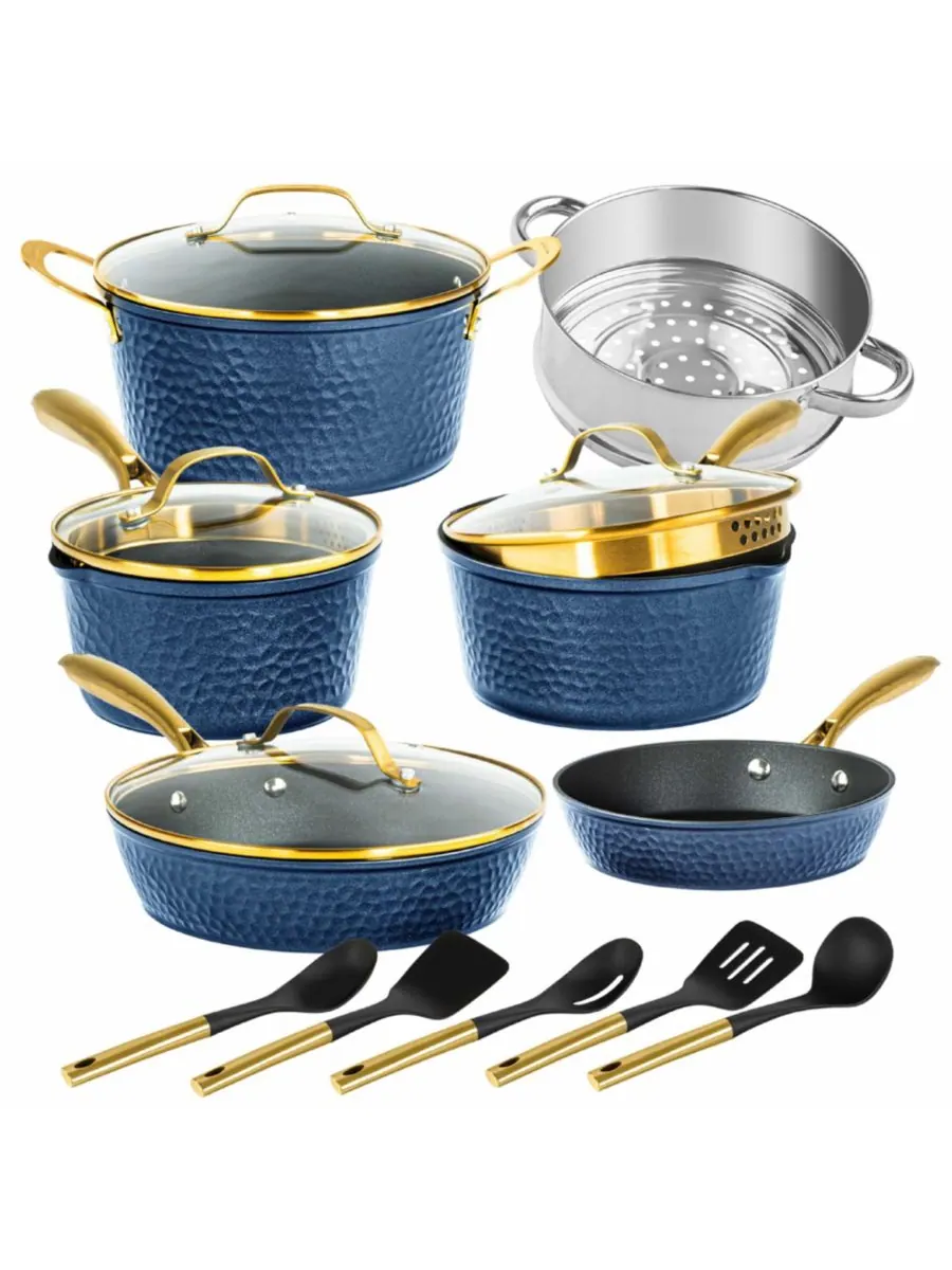Набор посуды Charleston Collection из 15 предметов с антипригарным покрытием из кованой керамики — синий